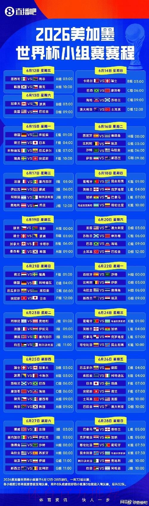 2026世界杯小组赛赛程今日比赛时间表查询入口